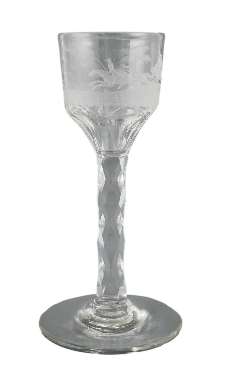A fine engraved horse racing wine glass, c.1775-85
